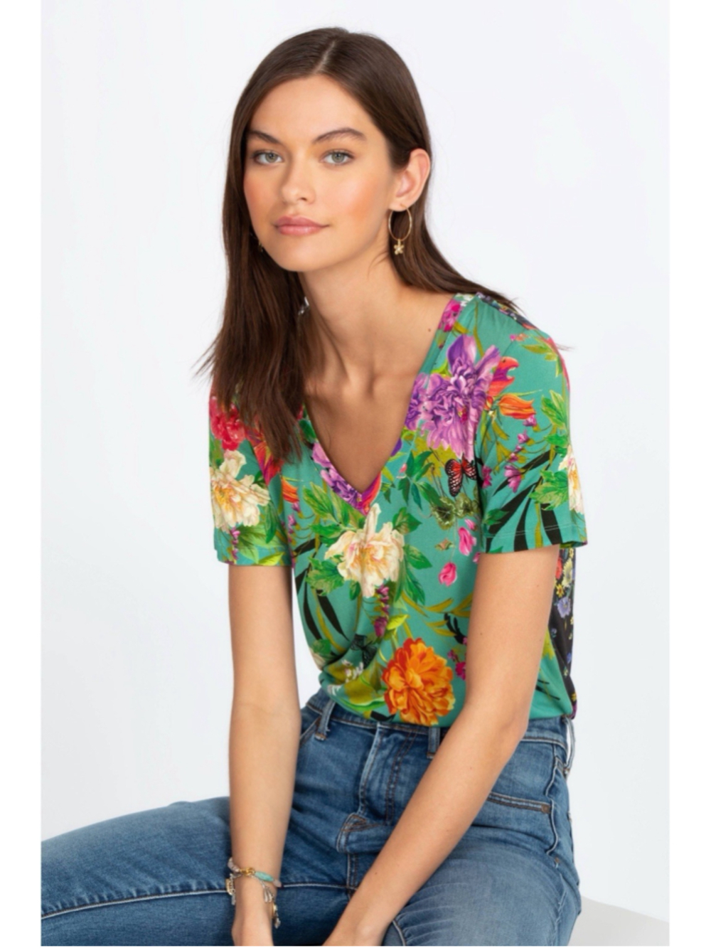 Johnny Was Janie Favorite V-Neck Tee Panya Floral Butterfly Boho Artsy Top M
